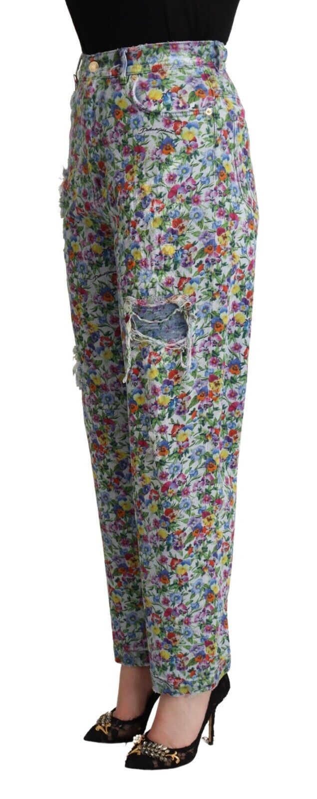 Jean fuselé taille haute en denim bleu à imprimé floral Dolce & Gabbana