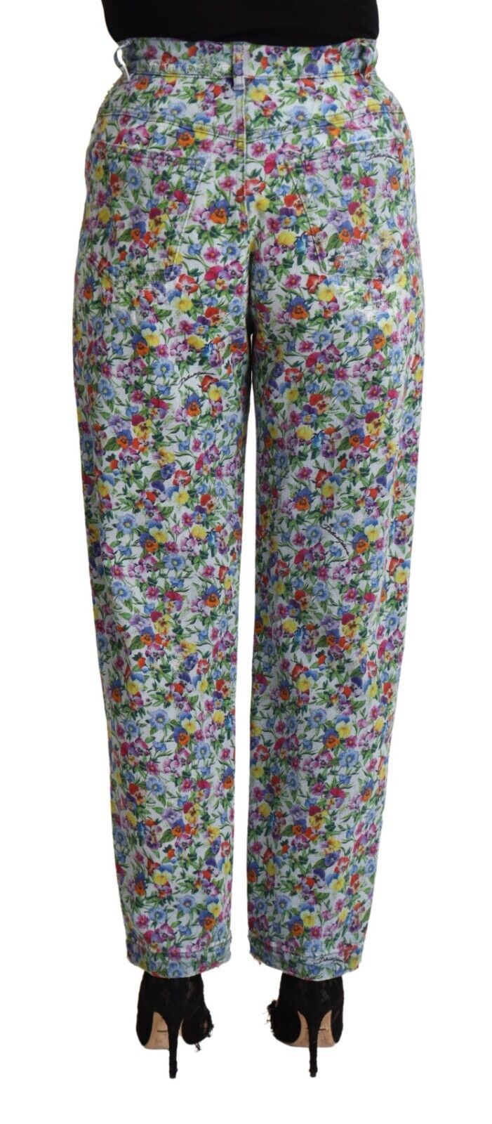 Jean fuselé taille haute en denim bleu à imprimé floral Dolce & Gabbana