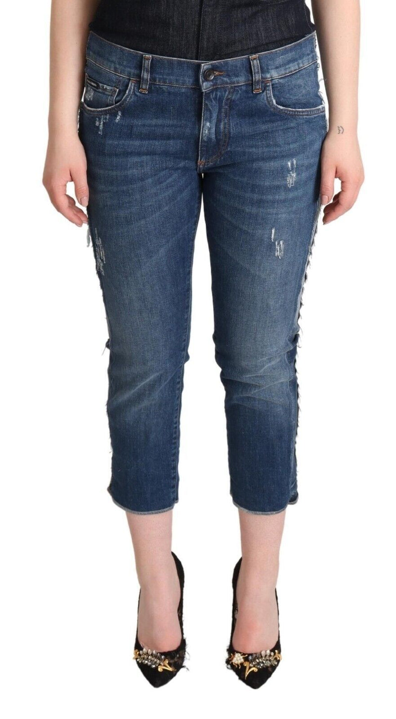 Jean cropped taille mi-haute en denim bleu délavé à logo Dolce & Gabbana