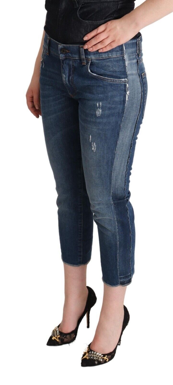Jean cropped taille mi-haute en denim bleu délavé à logo Dolce & Gabbana