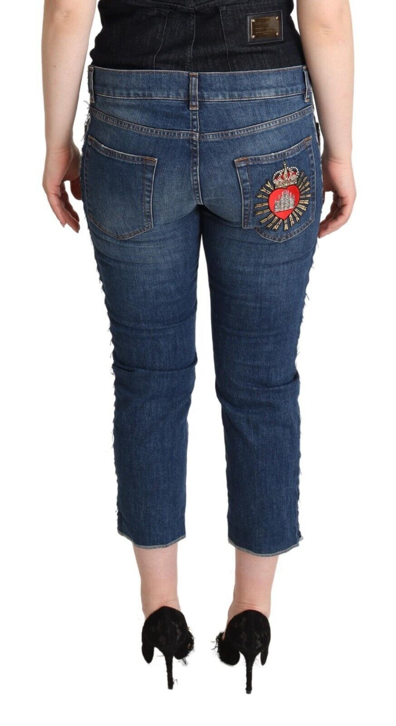 Jean cropped taille mi-haute en denim bleu délavé à logo Dolce & Gabbana