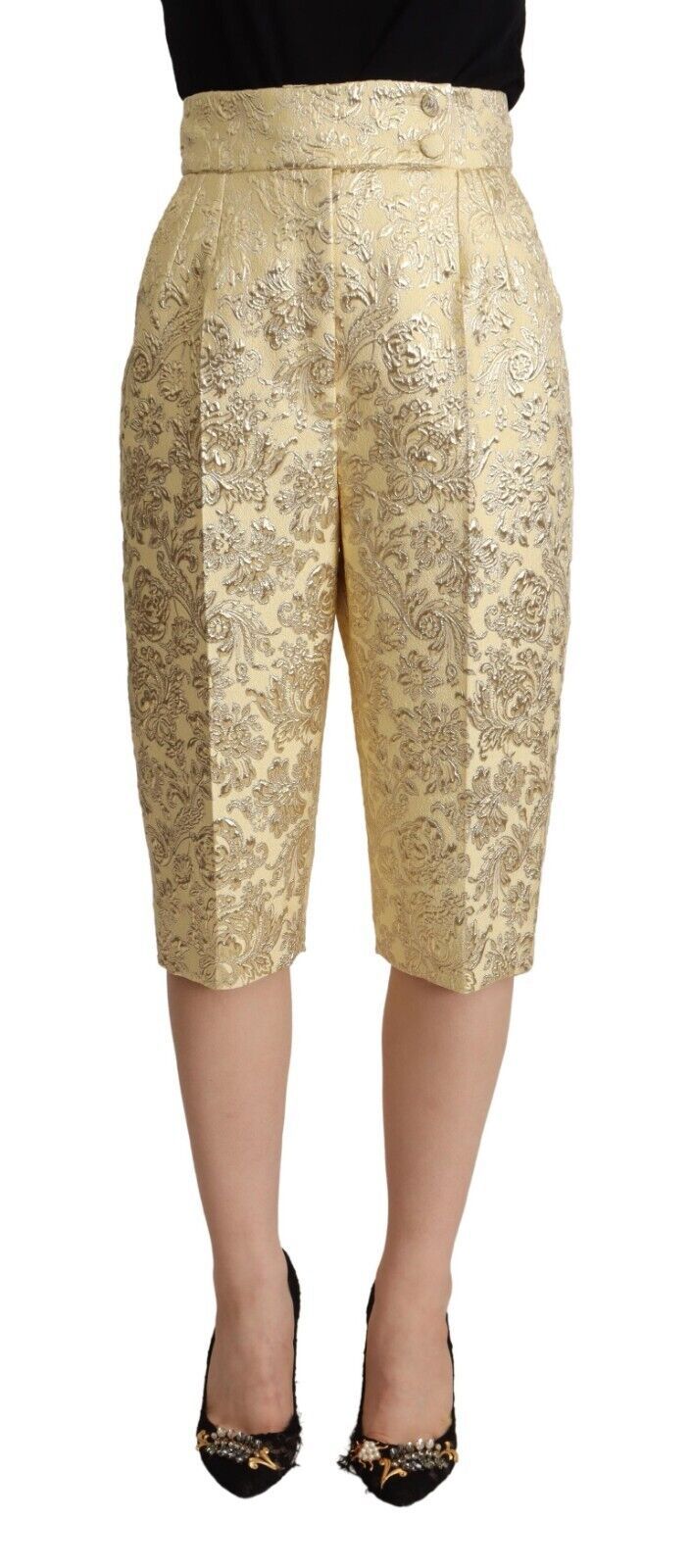 Pantalon cropped taille haute en brocart beige à imprimé floral Dolce & Gabbana