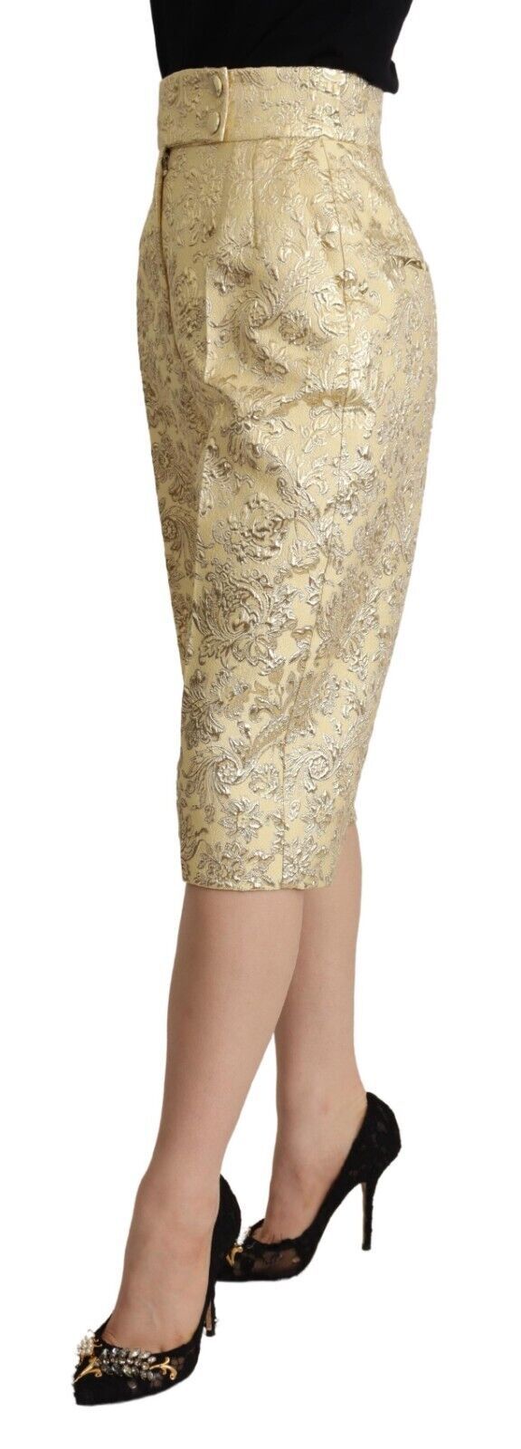 Pantalon cropped taille haute en brocart beige à imprimé floral Dolce & Gabbana