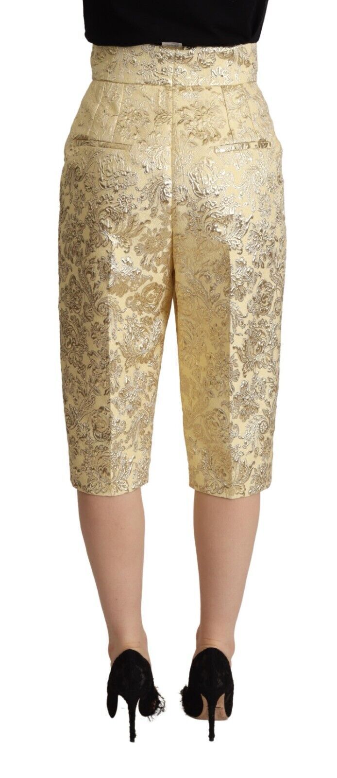 Pantalon cropped taille haute en brocart beige à imprimé floral Dolce & Gabbana