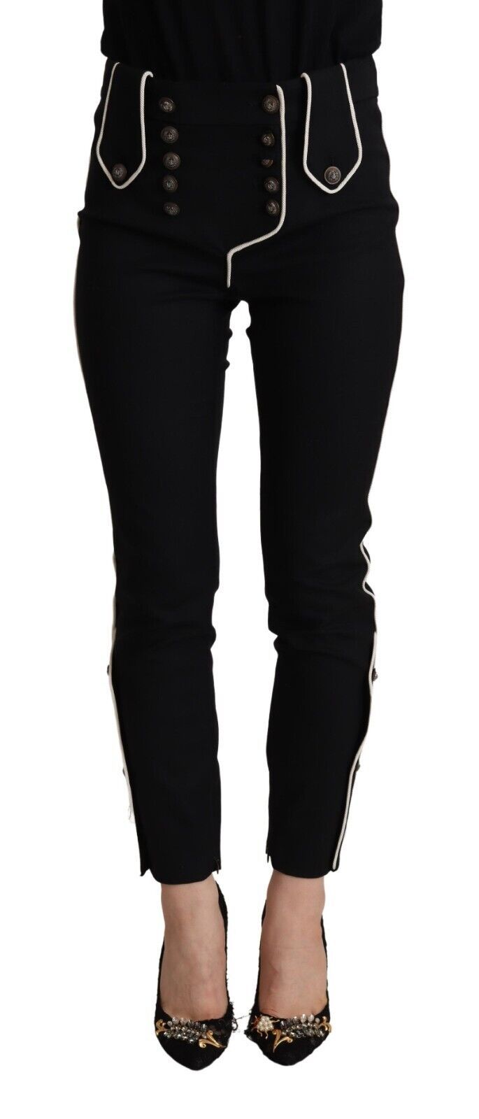 Pantaloni neri Dolce & Gabbana a vita media, slim fit, con bottoni decorativi