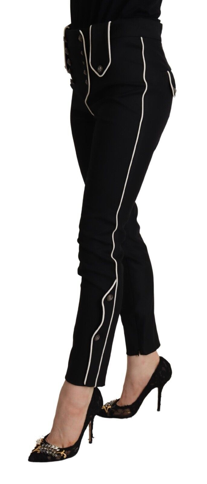 Pantaloni neri Dolce & Gabbana a vita media, slim fit, con bottoni decorativi