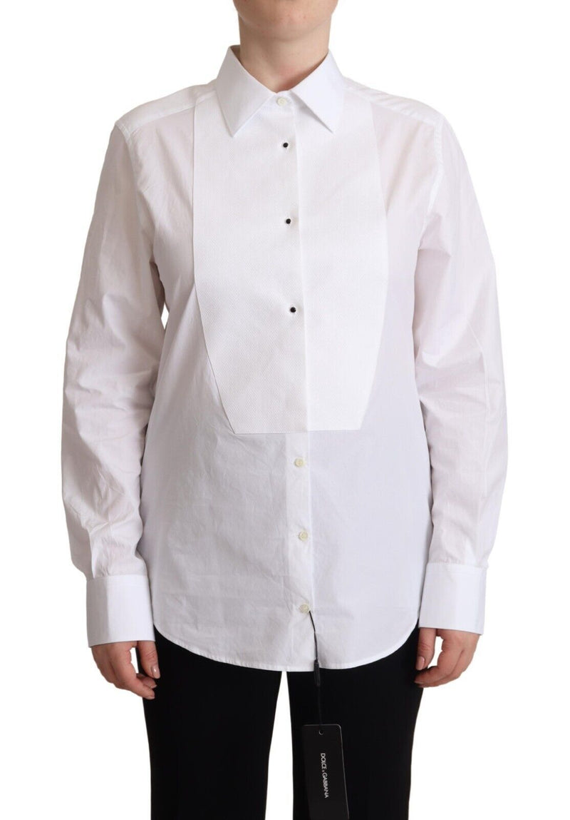 Dolce & Gabbana White Cotton Dress Collared Long Sleeves Shirt Top