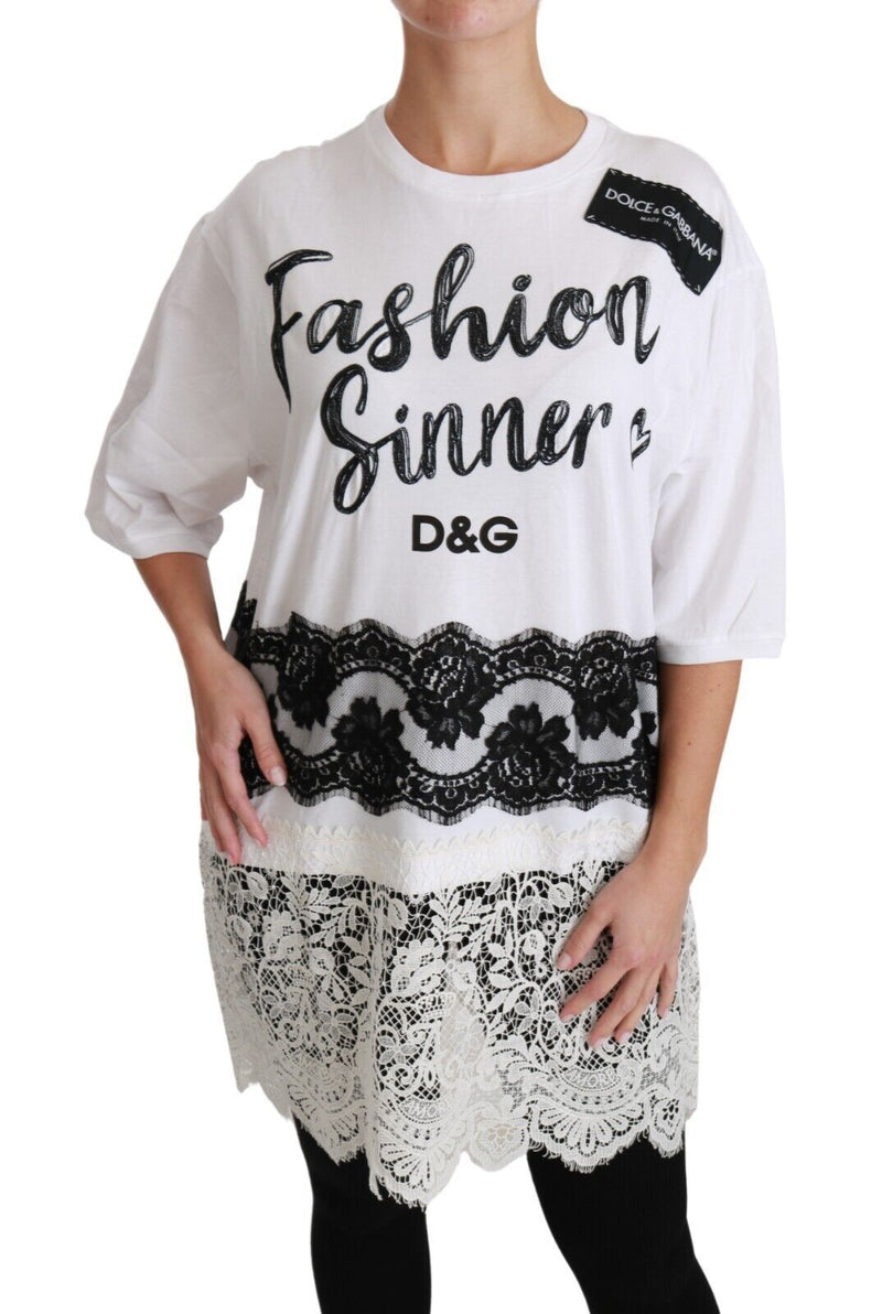 Camiseta branca Dolce & Gabbana de algodão com estampa Fashion Sinner e detalhes em renda