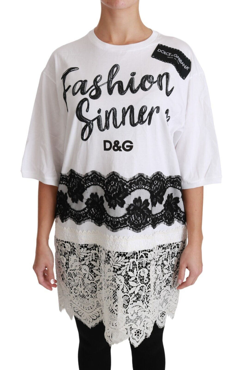 Camiseta branca Dolce & Gabbana de algodão com estampa Fashion Sinner e detalhes em renda