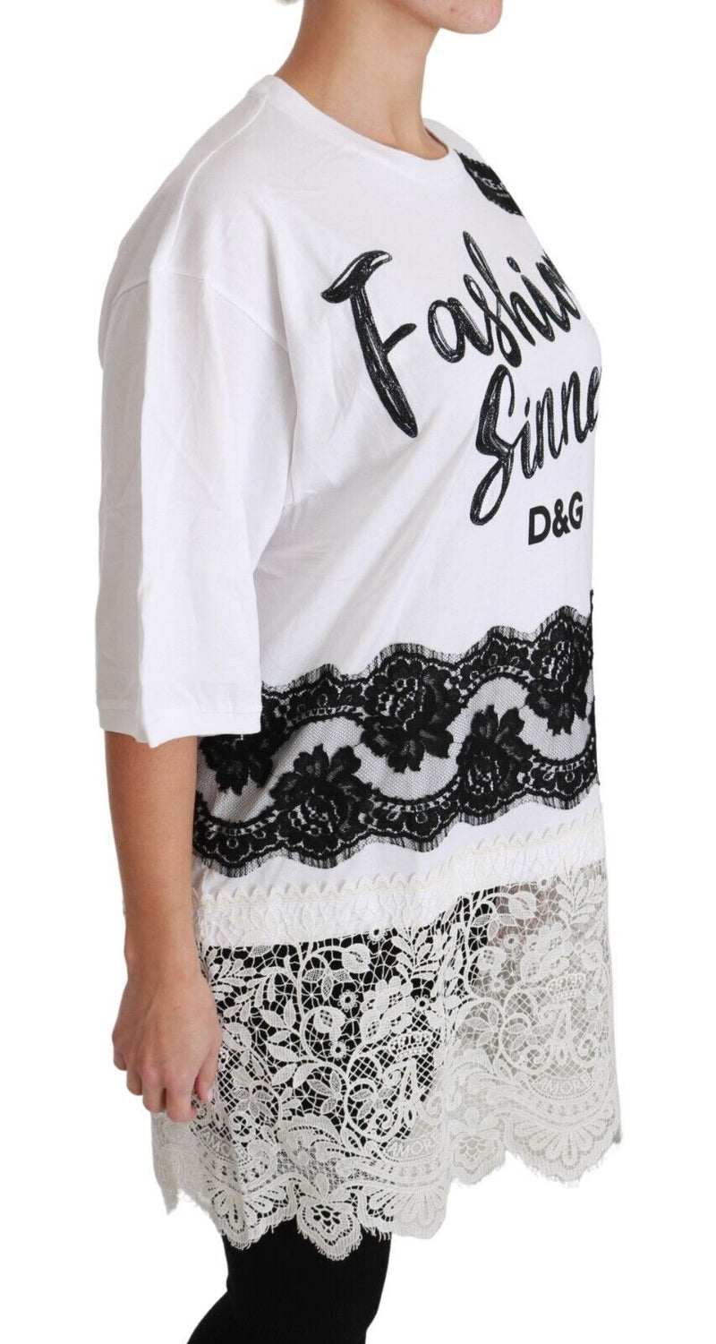 Camiseta branca Dolce & Gabbana de algodão com estampa Fashion Sinner e detalhes em renda