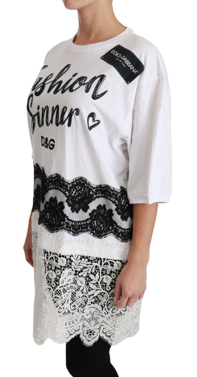 Camiseta branca Dolce & Gabbana de algodão com estampa Fashion Sinner e detalhes em renda