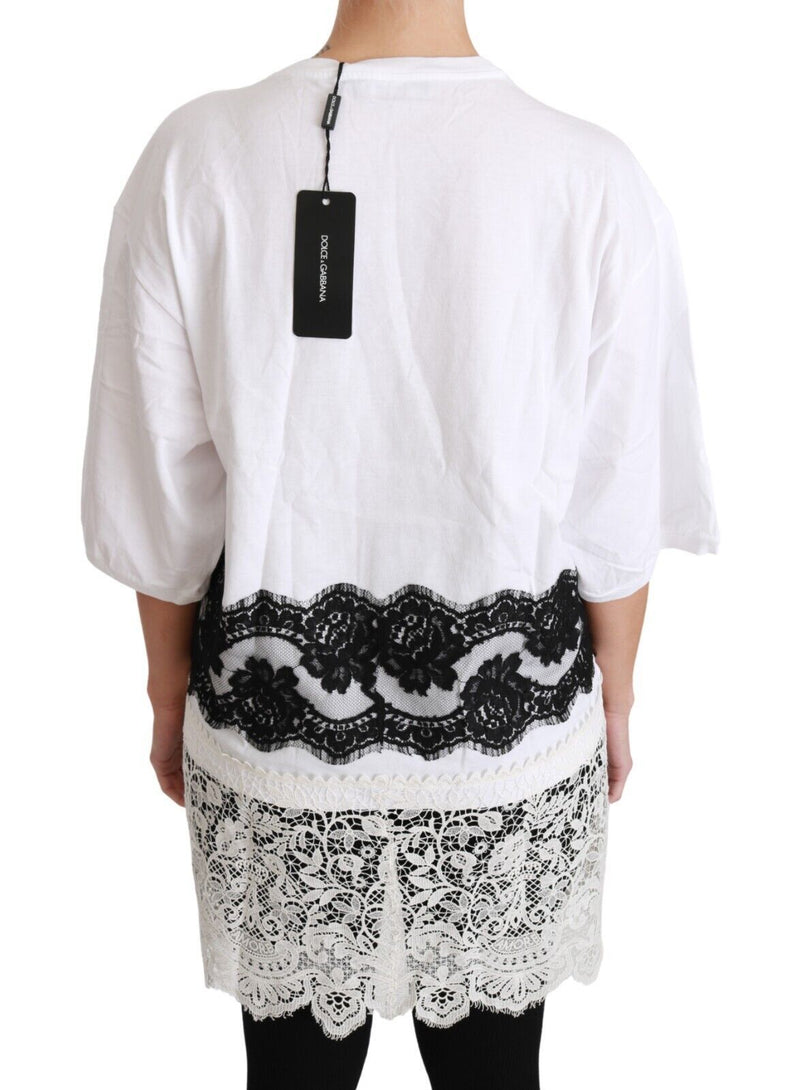 Camiseta branca Dolce & Gabbana de algodão com estampa Fashion Sinner e detalhes em renda
