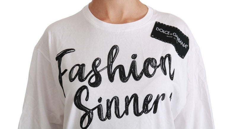 Camiseta branca Dolce & Gabbana de algodão com estampa Fashion Sinner e detalhes em renda