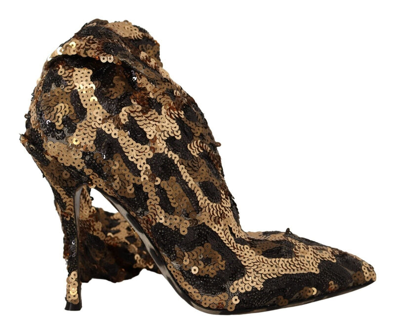Botines de tacón con lentejuelas doradas y estampado de leopardo Dolce & Gabbana