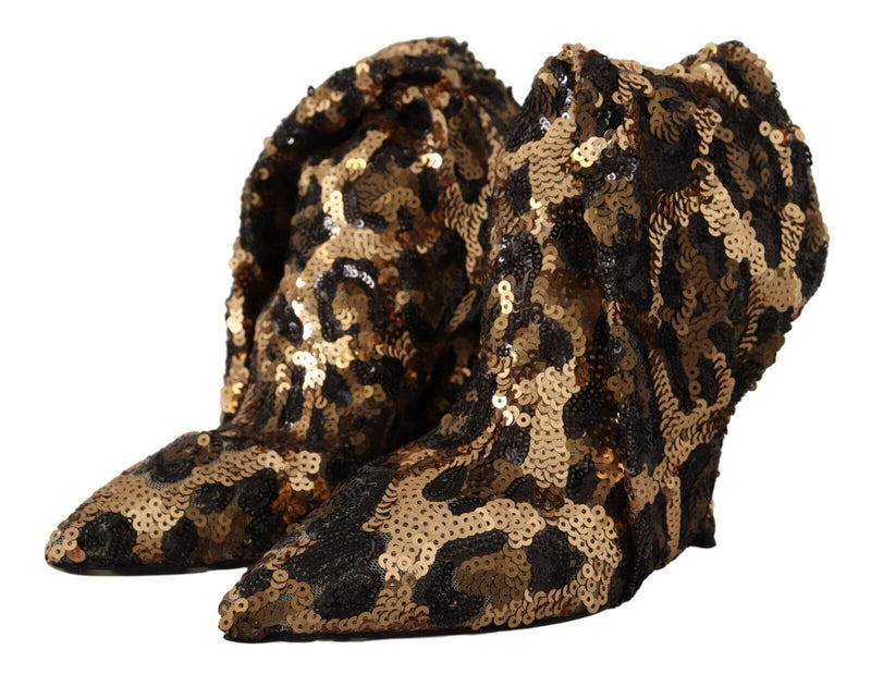 Botines de tacón con lentejuelas doradas y estampado de leopardo Dolce & Gabbana