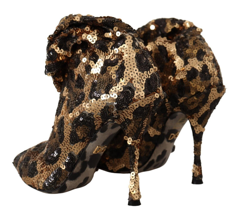Botines de tacón con lentejuelas doradas y estampado de leopardo Dolce & Gabbana
