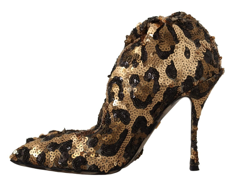 Botines de tacón con lentejuelas doradas y estampado de leopardo Dolce & Gabbana