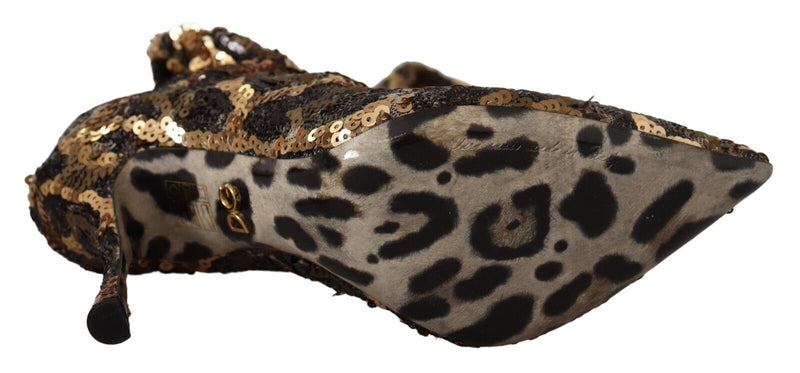 Botines de tacón con lentejuelas doradas y estampado de leopardo Dolce & Gabbana