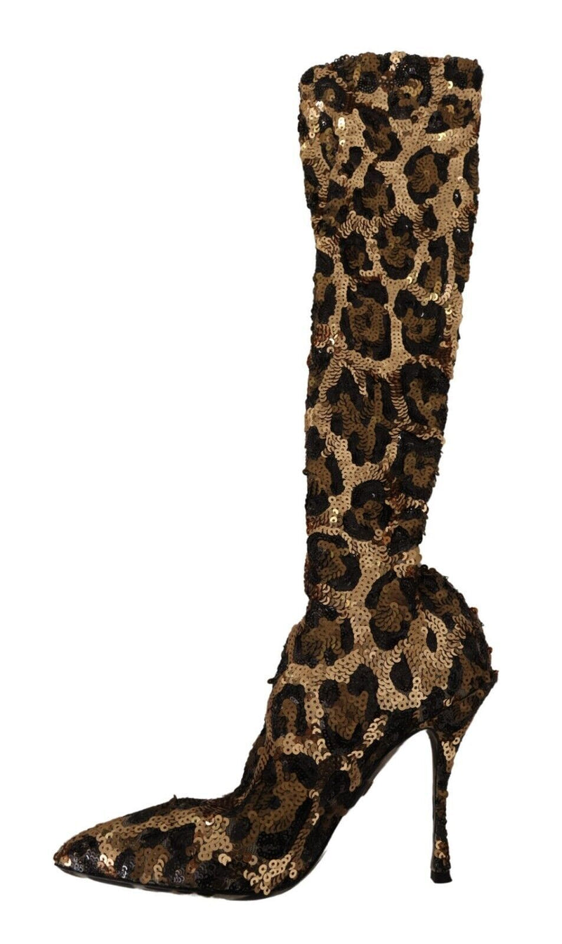 Botines de tacón con lentejuelas doradas y estampado de leopardo Dolce & Gabbana