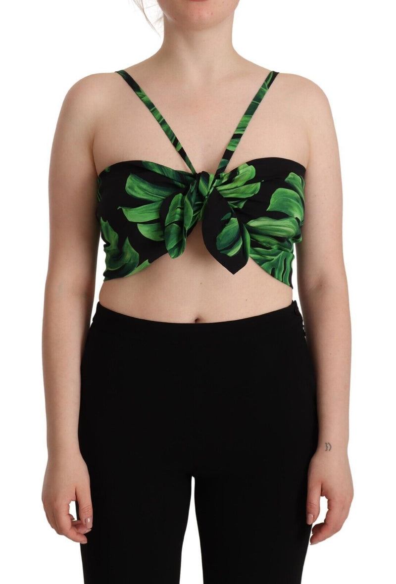 Top corto all'americana Dolce & Gabbana in seta nera e verde con stampa a foglie