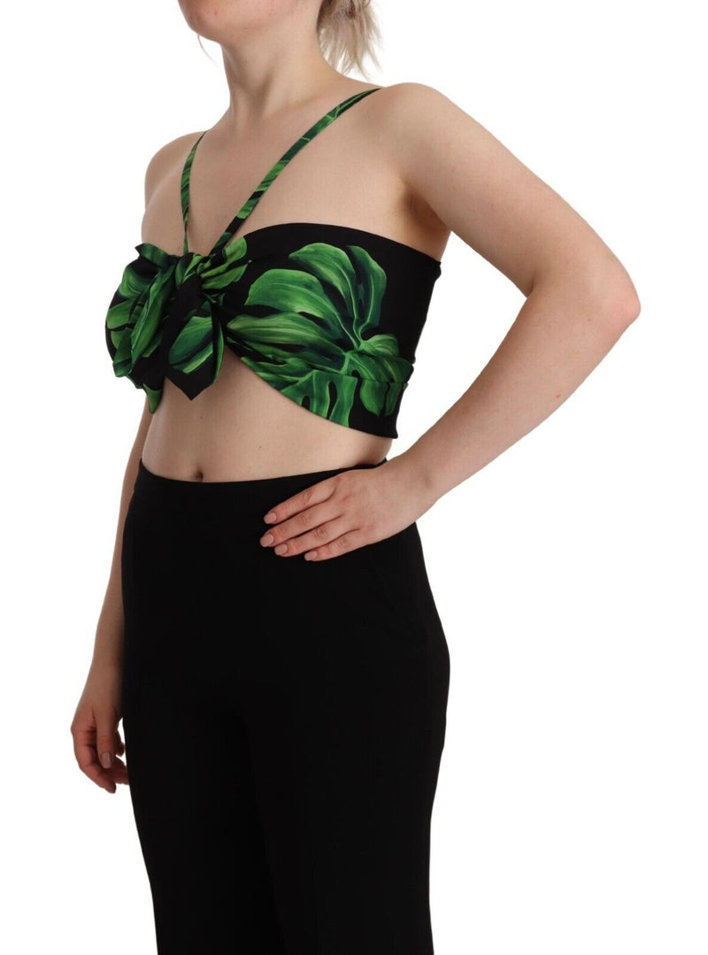 Top corto all'americana Dolce & Gabbana in seta nera e verde con stampa a foglie
