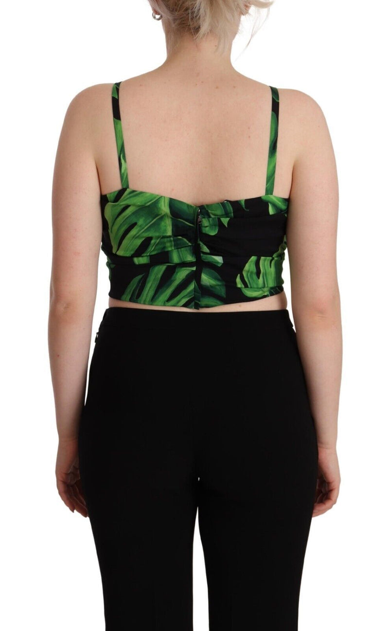 Top corto all'americana Dolce & Gabbana in seta nera e verde con stampa a foglie