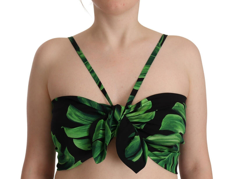 Top corto all'americana Dolce & Gabbana in seta nera e verde con stampa a foglie