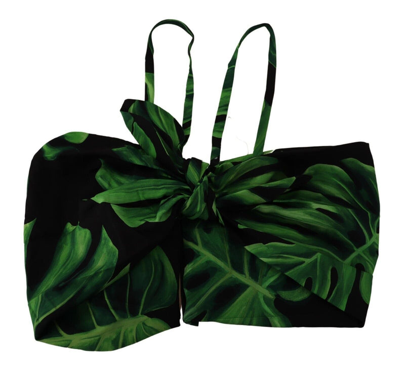 Top corto all'americana Dolce & Gabbana in seta nera e verde con stampa a foglie