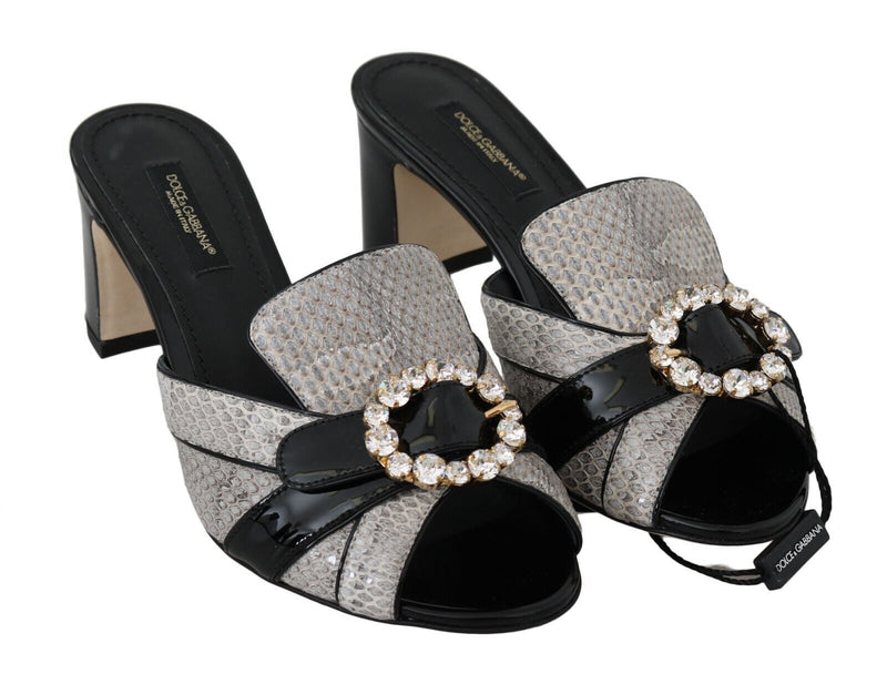 Sandalias de piel exótica negra y gris con cristales Dolce & Gabbana