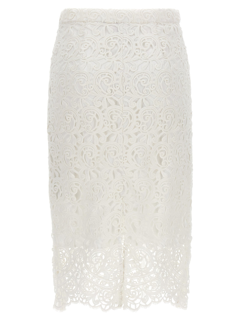 Back view of the Burberry Lace Skirt highlighting its elegant lace craftsmanship, suitable for both day and evening wear. Discover this chic skirt in the Spring - Summer 2023 collection. LDin, Women, Women > Clothing, Women > Clothing > Skirts, Yes Eu, Burberry Lace Skirt.