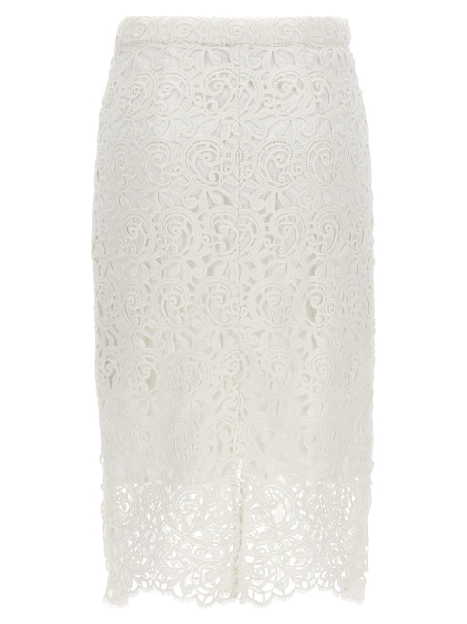 Back view of the Burberry Lace Skirt highlighting its elegant lace craftsmanship, suitable for both day and evening wear. Discover this chic skirt in the Spring - Summer 2023 collection. LDin, Women, Women > Clothing, Women > Clothing > Skirts, Yes Eu, Burberry Lace Skirt.