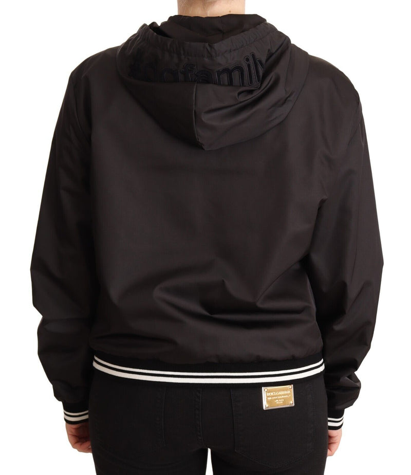 Blouson bomber à capuche en polyester noir, entièrement zippé, Dolce & Gabbana