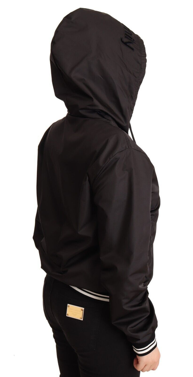 Blouson bomber à capuche en polyester noir, entièrement zippé, Dolce & Gabbana