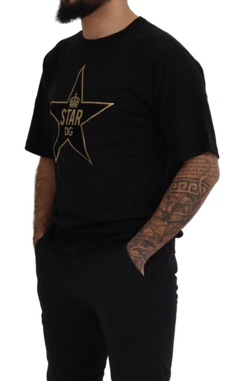 Camiseta preta de algodão com gola careca, estrela dourada e coroa DG Dolce & Gabbana