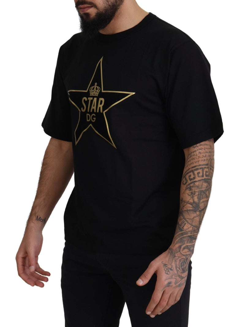 Camiseta preta de algodão com gola careca, estrela dourada e coroa DG Dolce & Gabbana