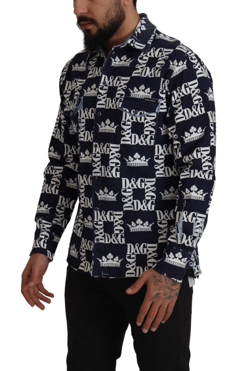 Camisa casual azul de jeans stretch com logo da coroa DG Dolce & Gabbana