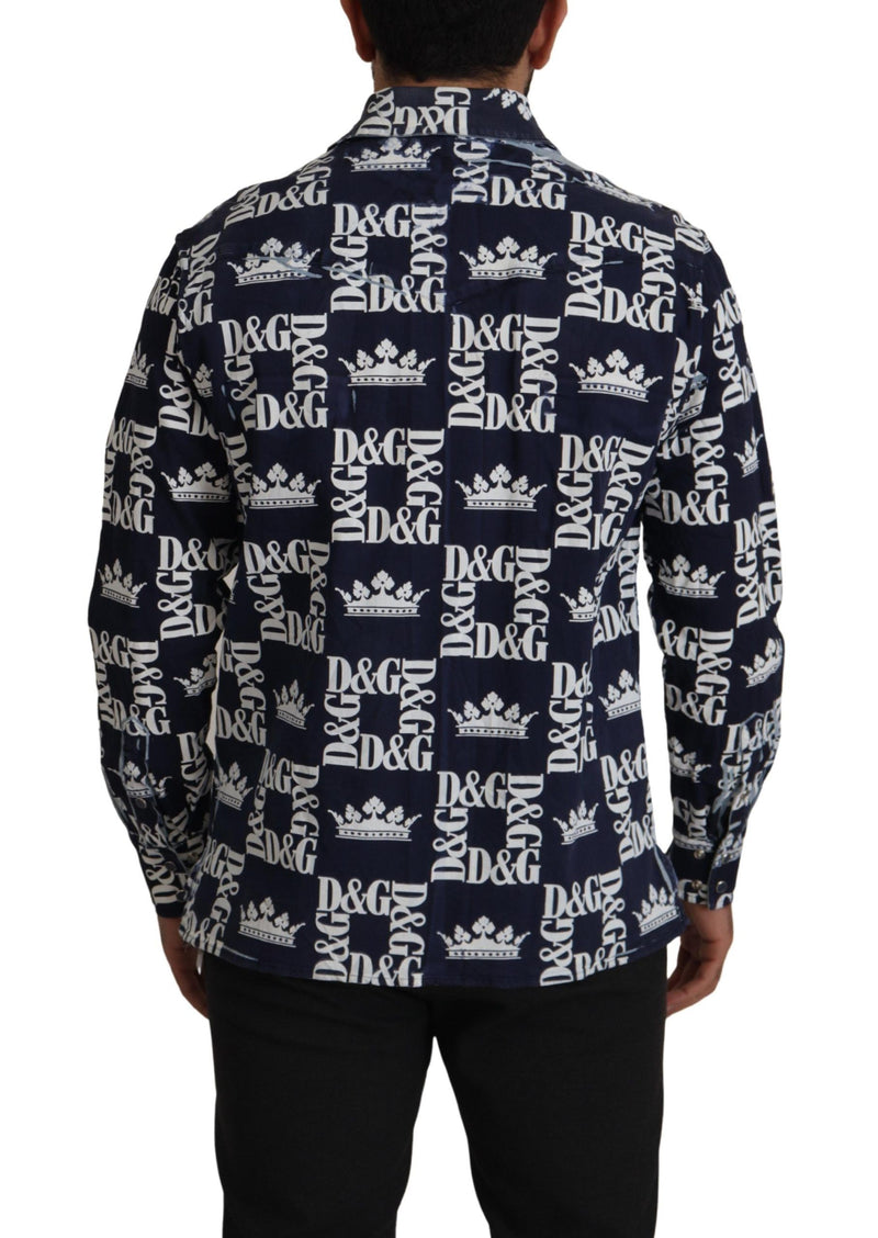 Camisa casual azul de jeans stretch com logo da coroa DG Dolce & Gabbana