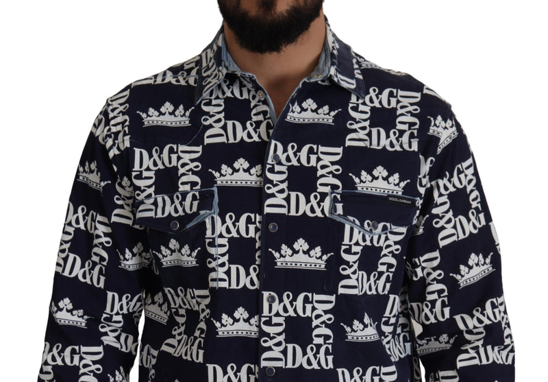 Camisa casual azul de jeans stretch com logo da coroa DG Dolce & Gabbana