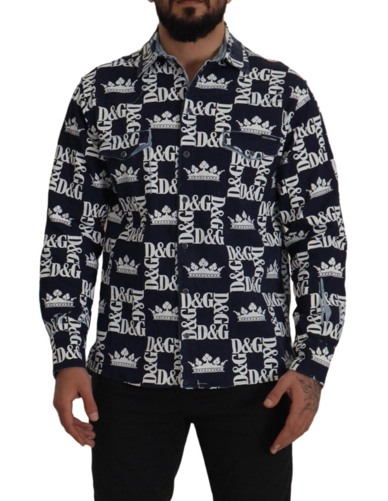 Camisa casual azul de jeans stretch com logo da coroa DG Dolce & Gabbana