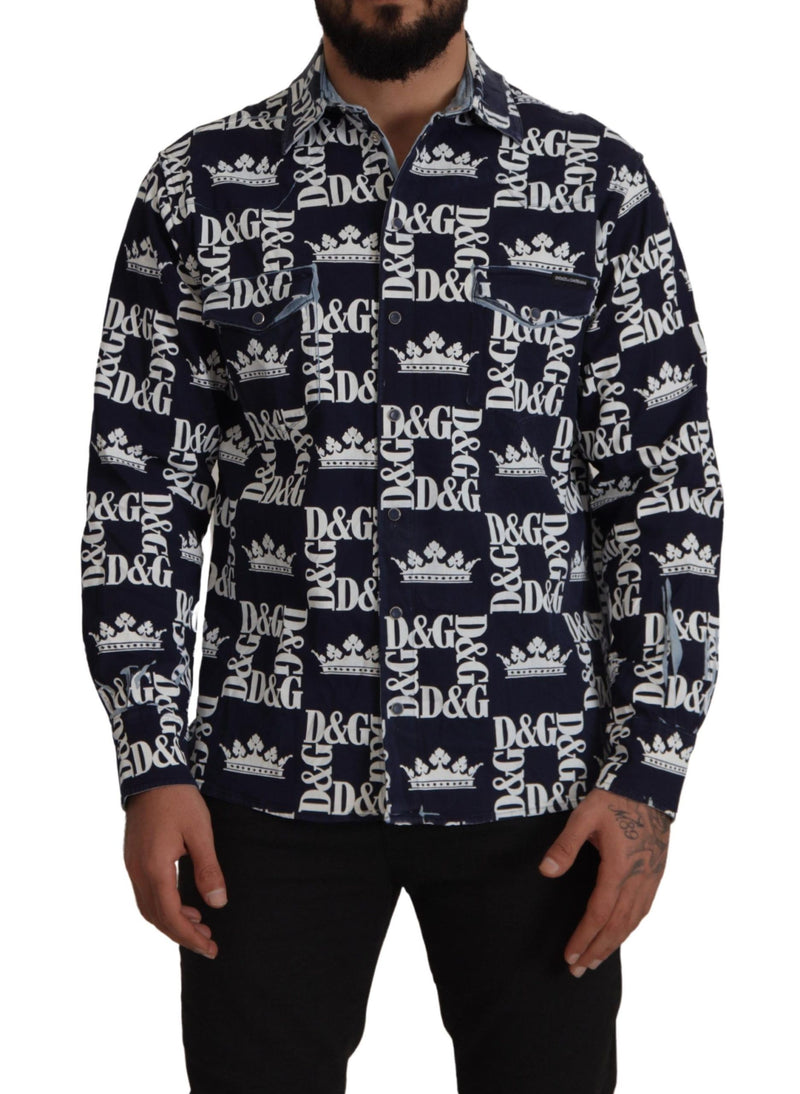 Camisa casual azul de jeans stretch com logo da coroa DG Dolce & Gabbana