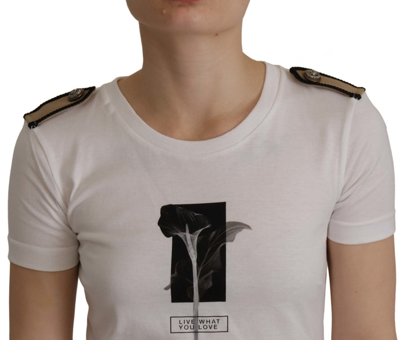 T-shirt Dolce & Gabbana blanc et noir en coton à col rond avec roses