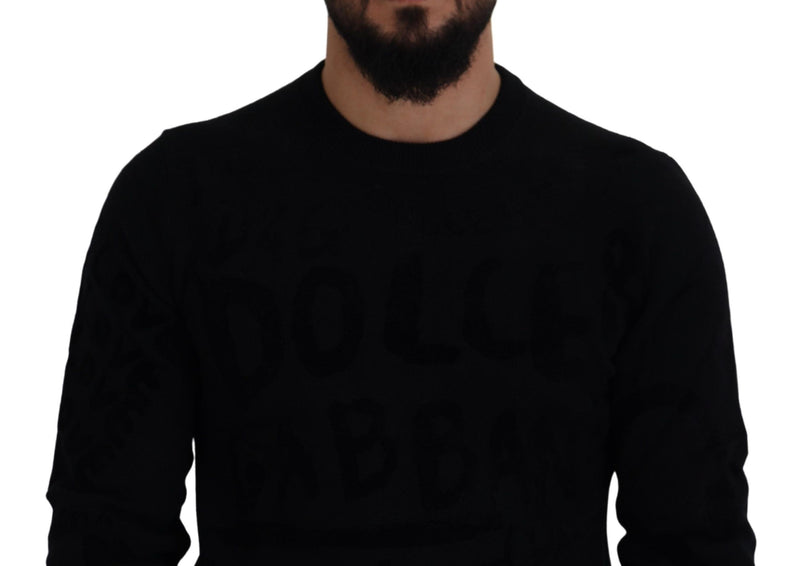 Suéter pulôver de lã preta com gola redonda e estampa de logotipo Dolce & Gabbana