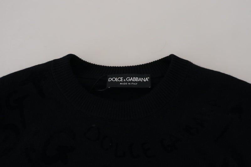 Suéter pulôver de lã preta com gola redonda e estampa de logotipo Dolce & Gabbana