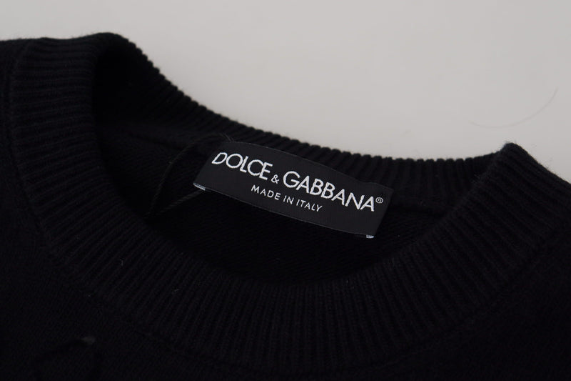 Suéter pulôver de lã preta com gola redonda e estampa de logotipo Dolce & Gabbana