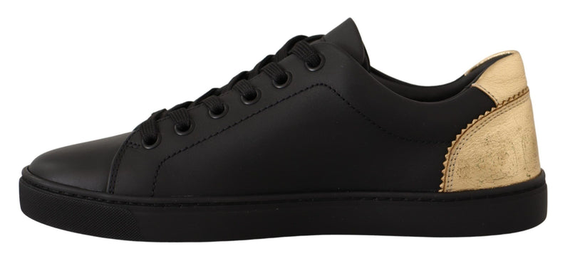 Dolce & Gabbana Black Gold Leather Low Top Sneakers Womens Shoes