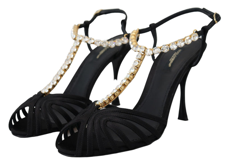 Sandalias negras de satén con tira en T y cristales transparentes de Dolce & Gabbana