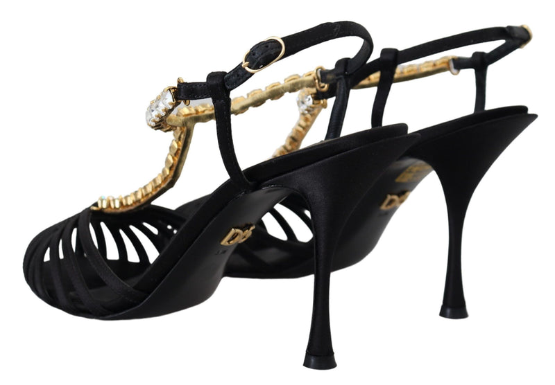 Sandalias negras de satén con tira en T y cristales transparentes de Dolce & Gabbana
