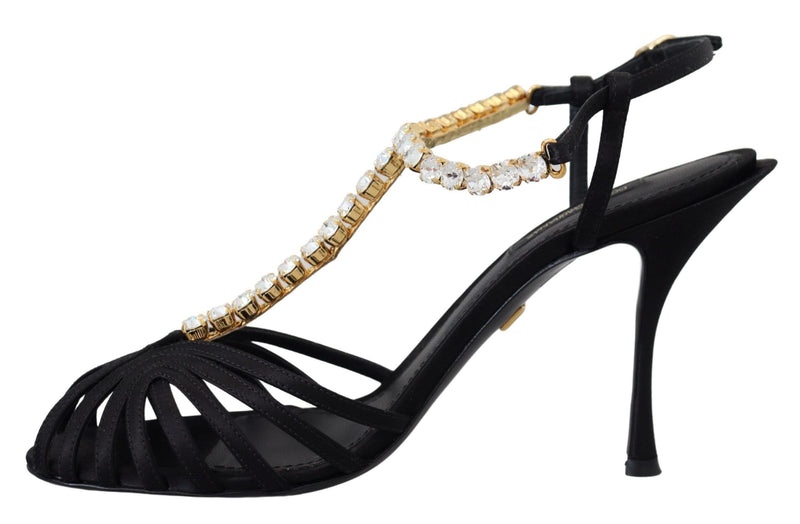 Sandalias negras de satén con tira en T y cristales transparentes de Dolce & Gabbana