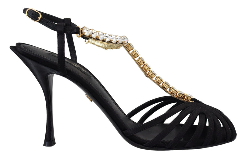 Sandalias negras de satén con tira en T y cristales transparentes de Dolce & Gabbana