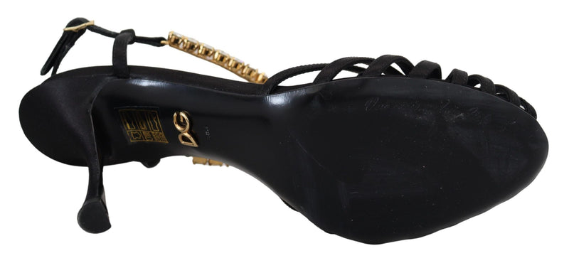 Sandalias negras de satén con tira en T y cristales transparentes de Dolce & Gabbana